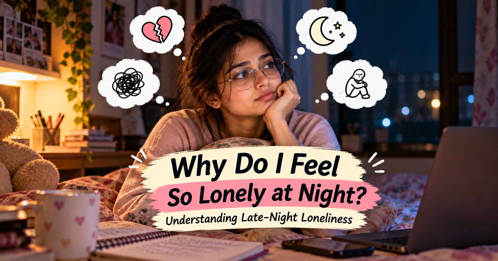 A quiet, reflective moment representing loneliness and late-night overthinking